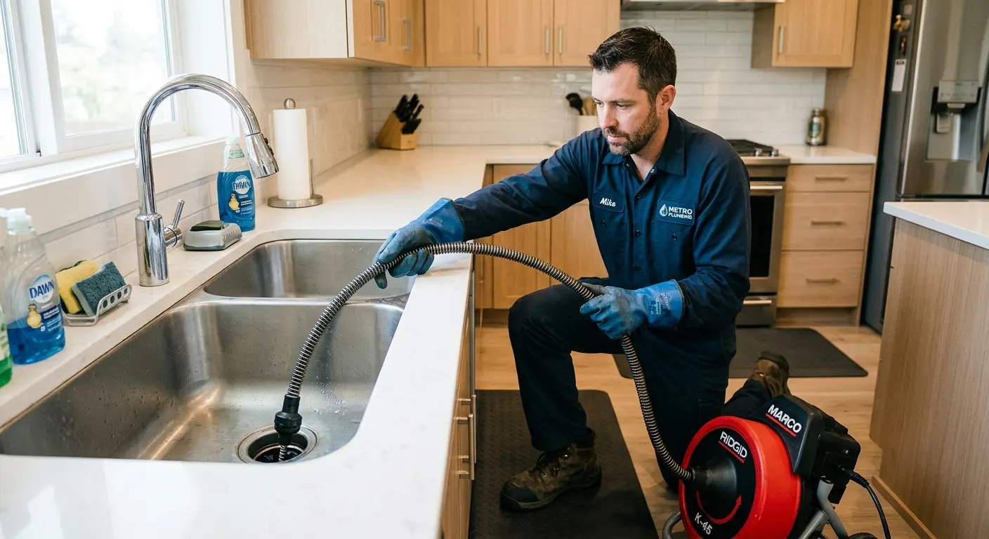 Drain cleaning technician using a motorized snake on a kitchen sink in Swatara