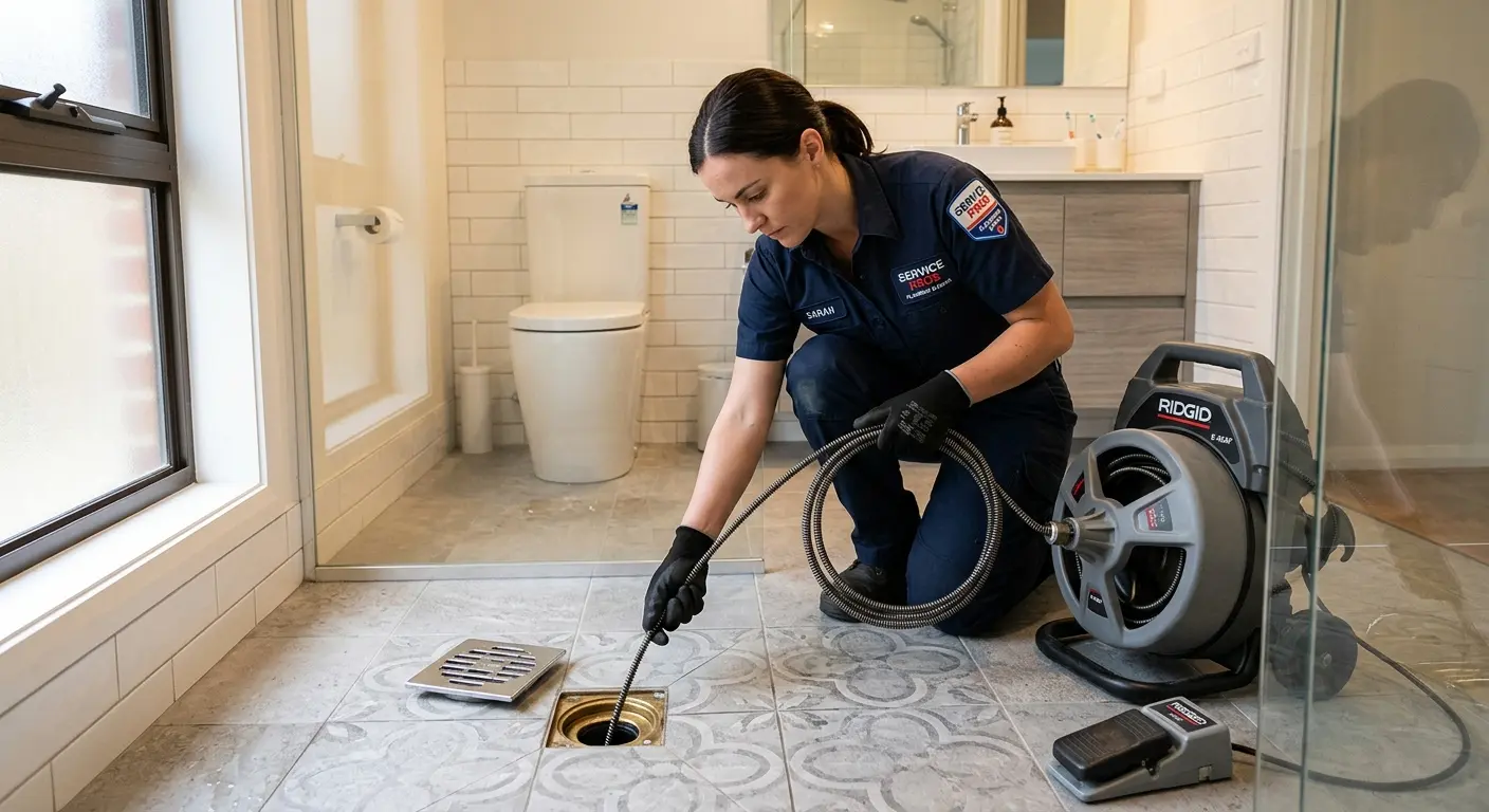 Technician clearing a bathroom floor drain for Hydro Jetting in Swatara